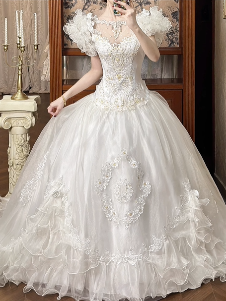 White Vintage Tulle Wedding Ball Gown, Tassel Fringe Illusion Round Neck Over Sweetheart Neck, 3D Floral Ruffle Puff Short Sleeves, Heavy Beaded Lace Appliqué Bodice, Voluminous A‑Line Tulle Skirt With Multi‑Layer Ruffle Hem, Prom Dress gh8655