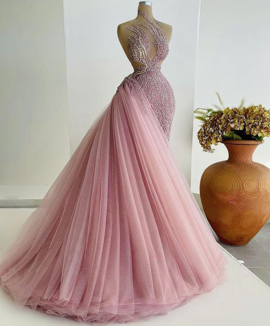 Rosa glänzendes wunderschönes Fantasie-Abendkleid aus langem, perlenbesetztem Tüll, Ballkleid, gh3129