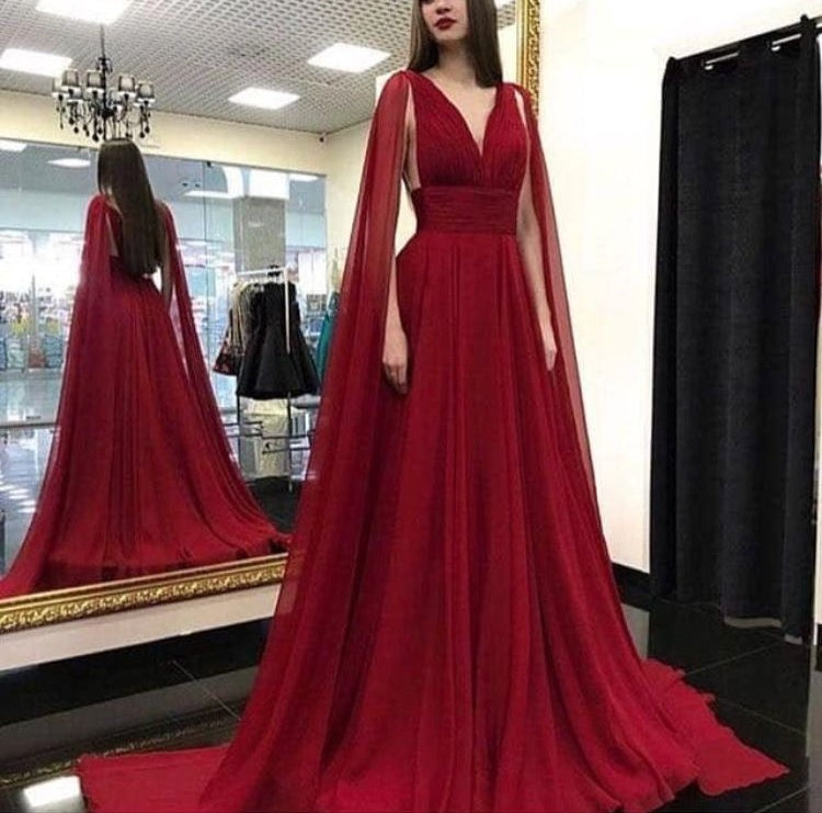 Girlhomeshops - Robe de soirée longue en tulle rouge à col en V, longueur au sol, gh5425