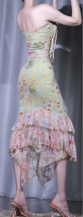 ✨Girlhomeshops-Green Floral Print Party Dress Strapless Ruched Mermaid Tiered Irregular Ruffle Hem Evening Gown gh10063