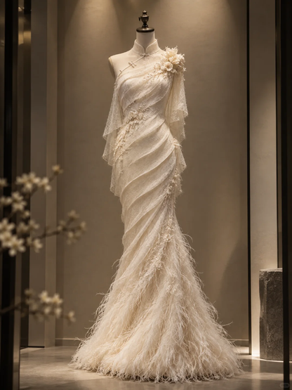 ✨Girlhomeshops-Gorgeous Ivory Feather Fringe Mermaid Qipao Bridal Evening Gown gh10329