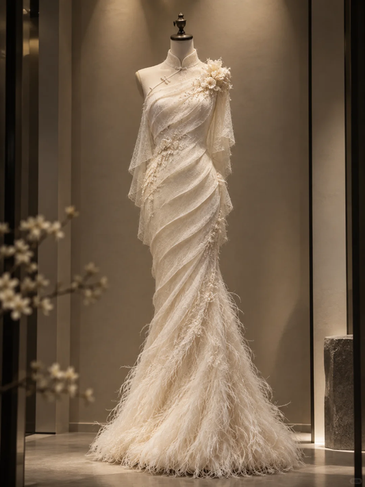✨Girlhomeshops-Gorgeous Ivory Feather Fringe Mermaid Qipao Bridal Evening Gown gh10329
