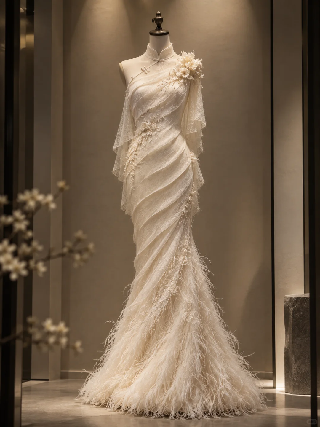 ✨Girlhomeshops-Gorgeous Ivory Feather Fringe Mermaid Qipao Bridal Evening Gown gh10329