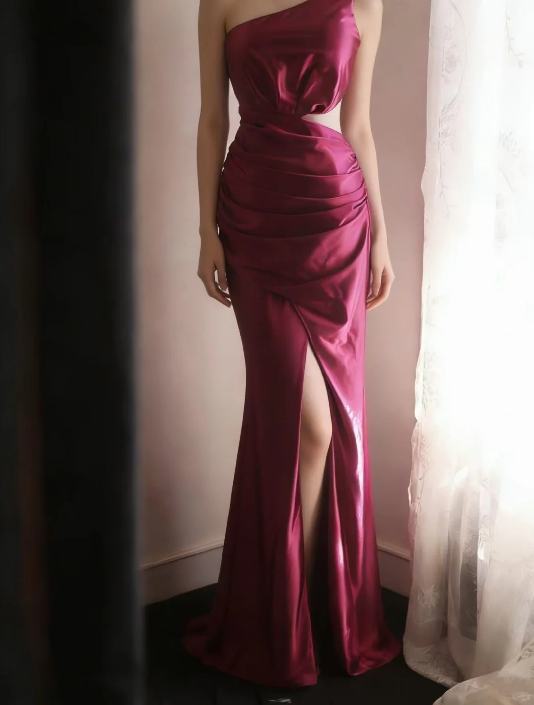 Fuchsia One‑Shoulder Satin Evening Gown, Waist Cutout Ruched High‑Slit Formal Prom Dress gh9125