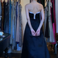 Strapless Black Satin Evening Gown White Floral Embroidery Contrast Liner Front Slit Vintage Long Prom Dress gh9700