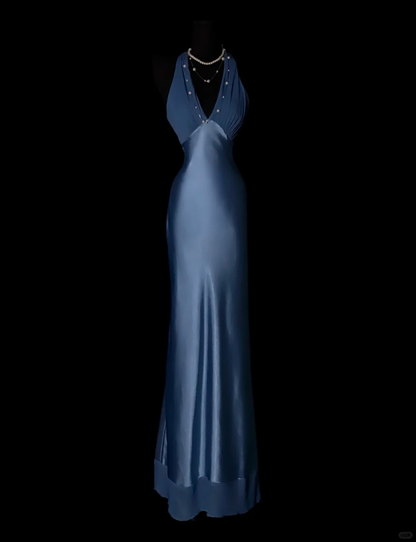Dusty Blue Satin Halter Neck Evening Gown, Deep V Halter Open‑Back, Beaded Neckline Detail, Fitted Mermaid Floor‑Length Dress, Chiffon Hem Trim, Retro Prom Party Gown gh8879