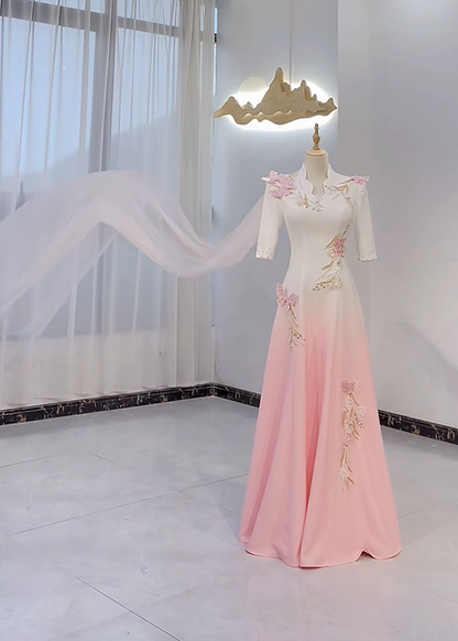 Light Pink Gradient Long Sleeve Fitted Waist Elegant Evening Dress, Fairy Gown, Romantic Gown gh7377
