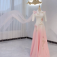 Light Pink Gradient Long Sleeve Fitted Waist Elegant Evening Dress, Fairy Gown, Romantic Gown gh7377