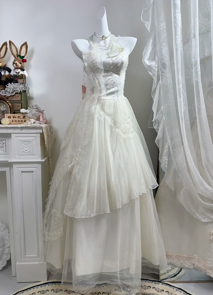 Off White Halter Long Wedding Gown, Sleeveless Hand Beaded Asymmetrical Layered Tulle Fairy Dress gh9279