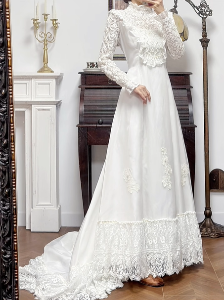 Ivory Vintage High‑Neck Lace Satin Wedding Dress, Long Sleeve Bridal Gown gh8747