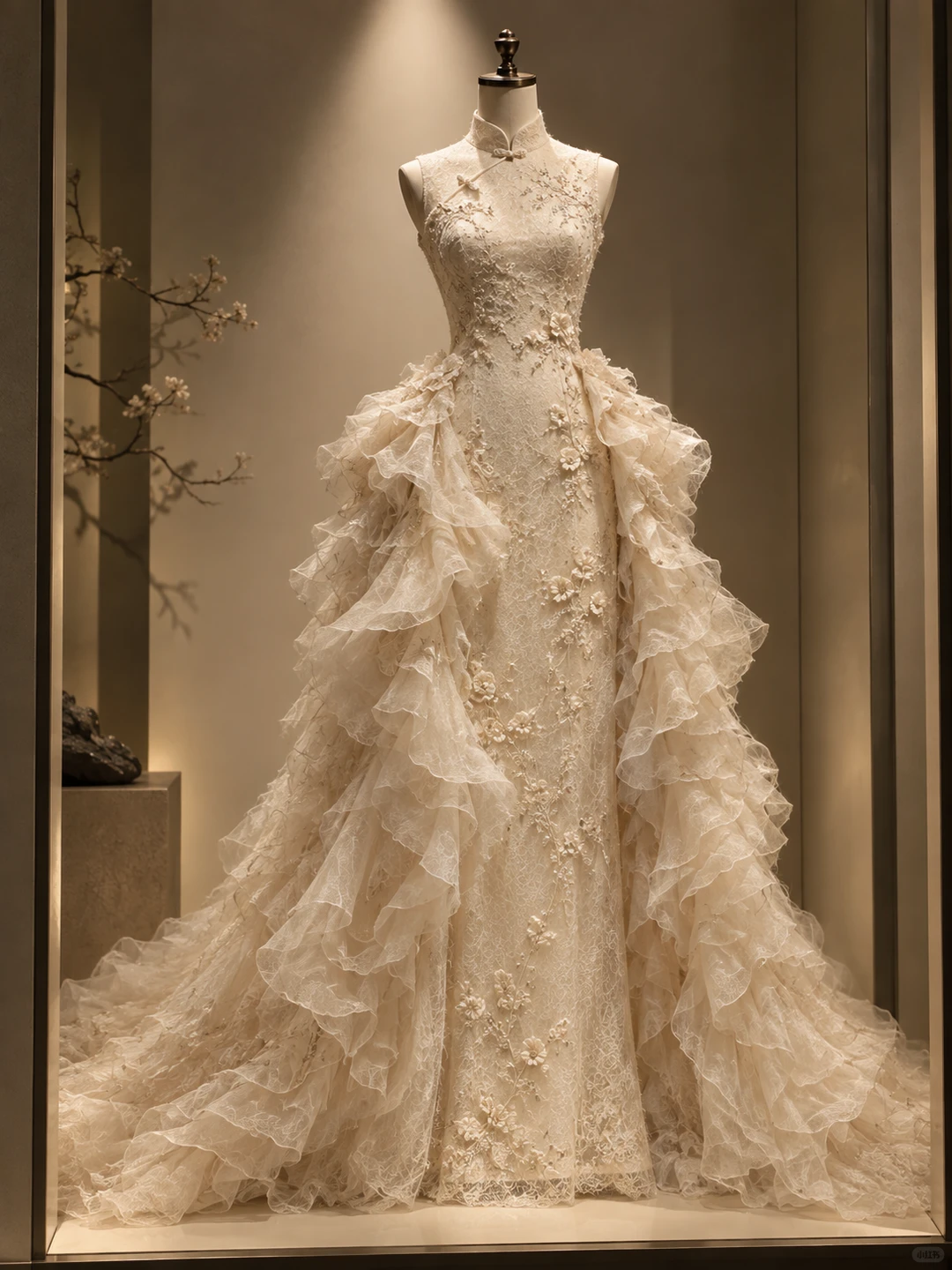 ✨Girlhomeshops-Luxury Champagne Ruffle Tulle Qipao Mermaid Bridal Gown gh10328