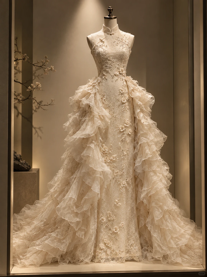 ✨Girlhomeshops-Luxury Champagne Ruffle Tulle Qipao Mermaid Bridal Gown gh10328