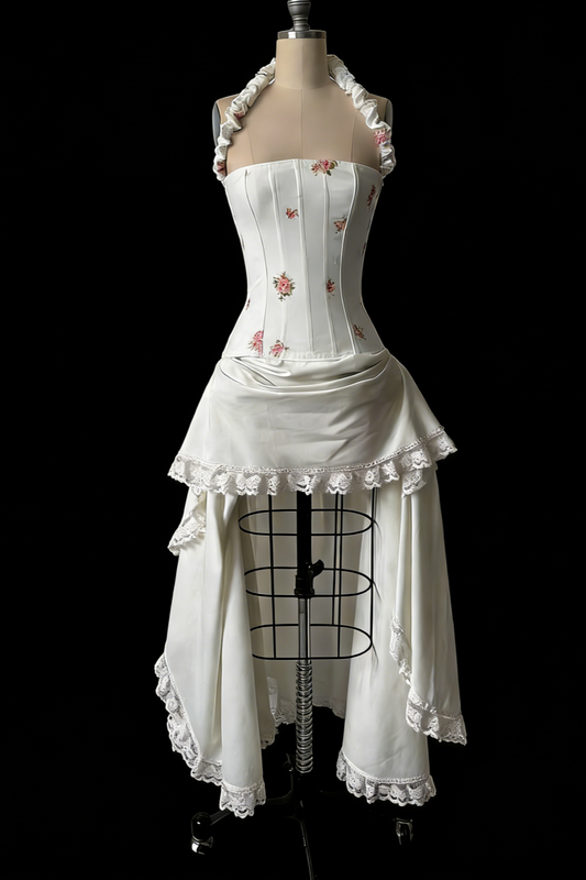 Vintage Romantic White Rose Embroidery Gown - Retro Romantic Halter Lace-Up Lace-Trim Asymmetrical Dress gh6989