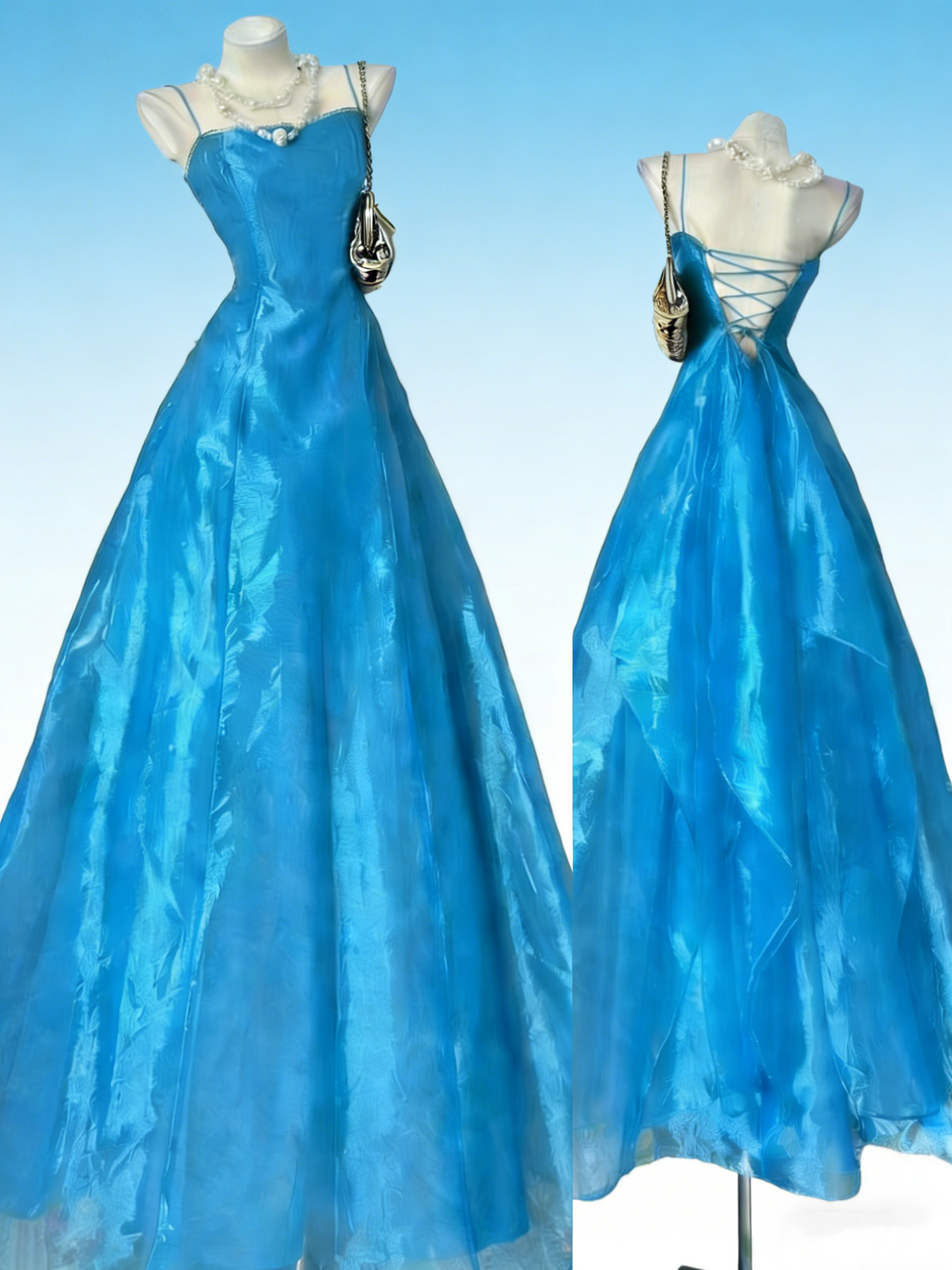Fairy Core Hellblaues Feenkleid - Trägerloses Ballkleid mit Schnürung und Korsett, traumhaftes Maxikleid gh6992