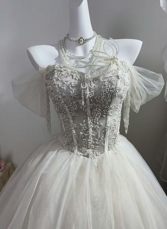Off White Short Cocktail Dress, Off Shoulder Tulle Flutter Sleeve Heavy Beaded Corset Homecoming Gown gh9275