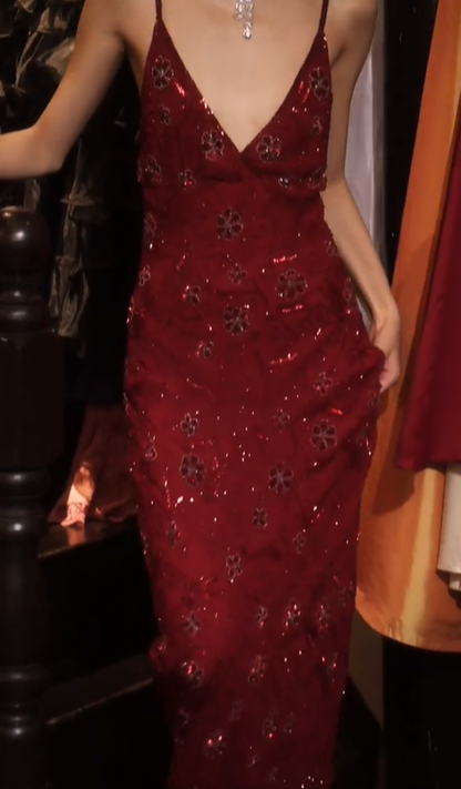 Burgundy Floral Sequin Long Evening Gown Deep V Spaghetti Straps Mermaid Prom Dress gh9868