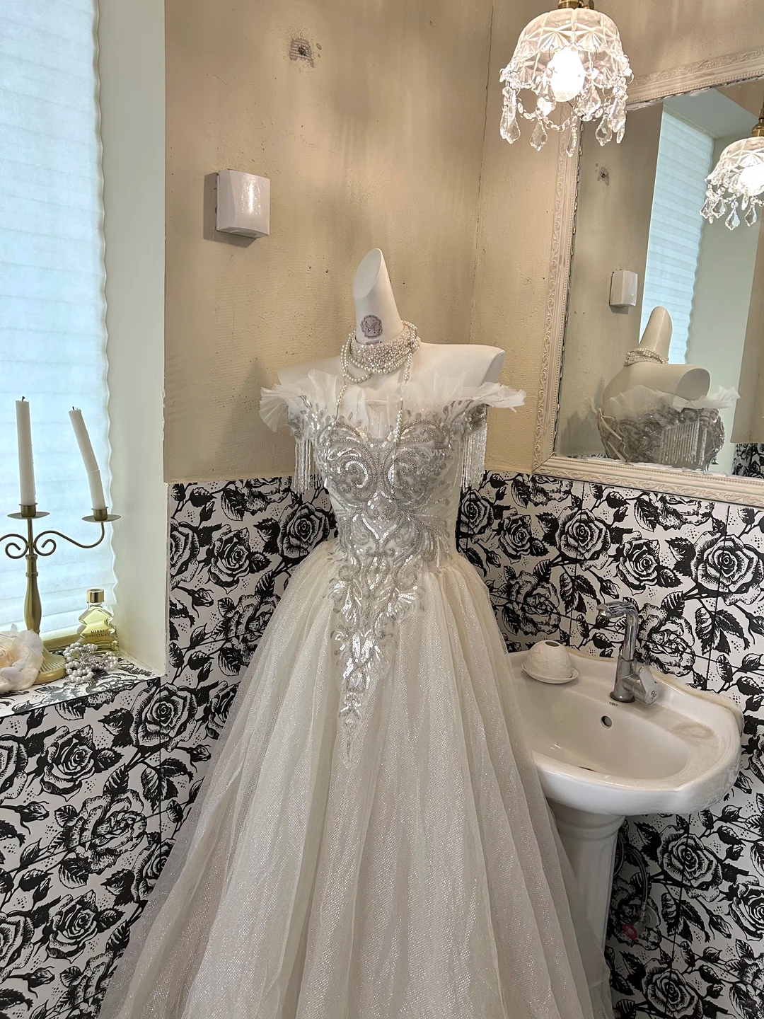 Ivory Gown With Silver Sequins, Vintage Luxury Waist-Cinched Full Flared Long Romantic Dress, Wedding Gown gh7716