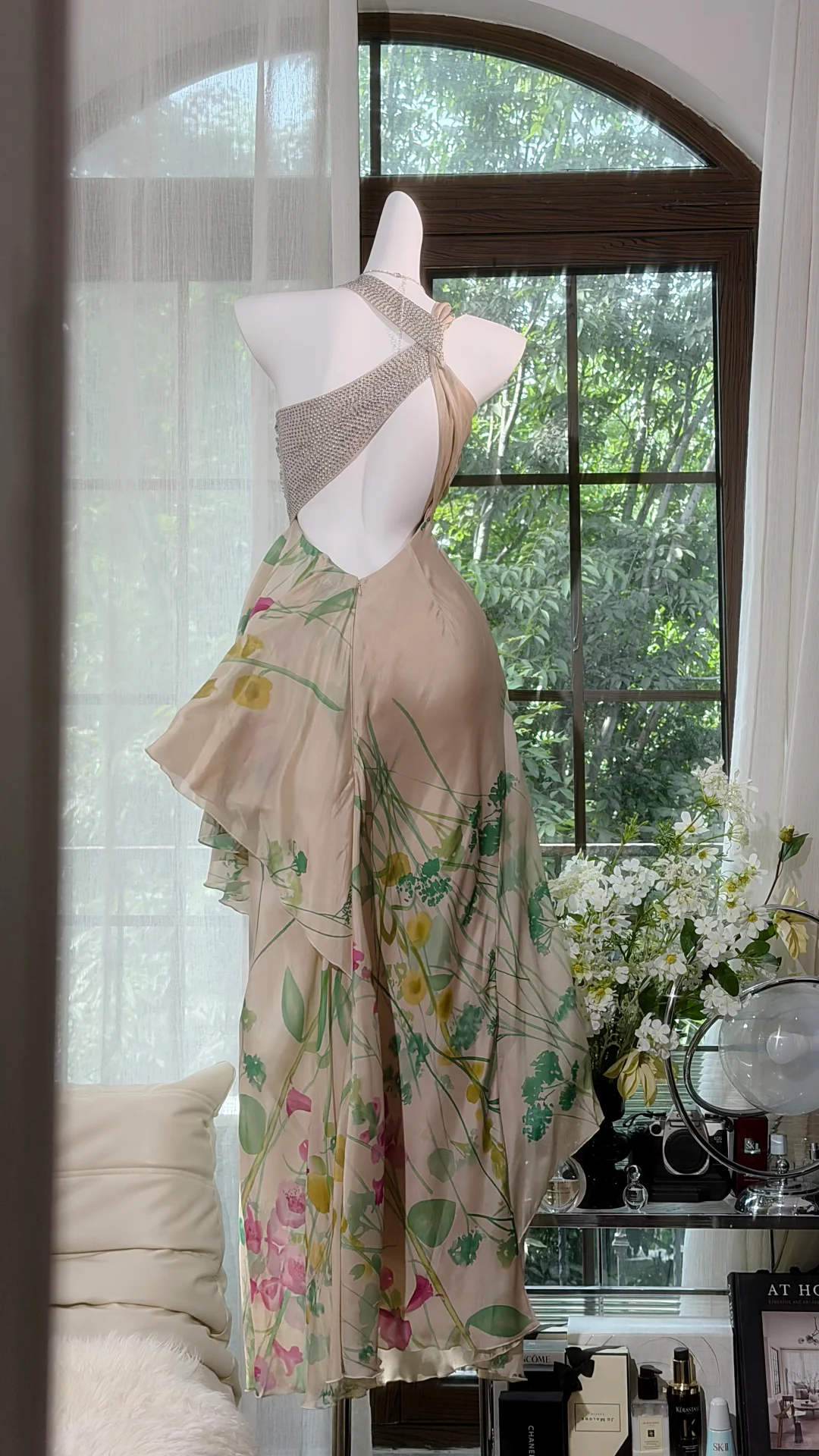 Nude Watercolor Floral Print One Shoulder Chiffon Long Evening Dress, Rhinestone Strap A-Line Prom Gown gh9508