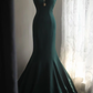 Emerald Green Halter V‑Neck Satin Mermaid Evening Gown, Vintage Metal Brooch Fitted Long Formal Prom Dress gh9122