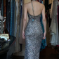 Silver Strapless Sweetheart Mermaid Evening Gown All Over Sparkle Sequin High Slit Long Prom Dress gh9714