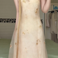 Light Champagne Square Neck Spaghetti Strap Long Evening Gown, Gold Floral Embroidery Sheer Tulle Overlay Formal Prom Dress gh9018