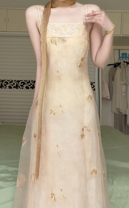 Light Champagne Square Neck Spaghetti Strap Long Evening Gown, Gold Floral Embroidery Sheer Tulle Overlay Formal Prom Dress gh9018
