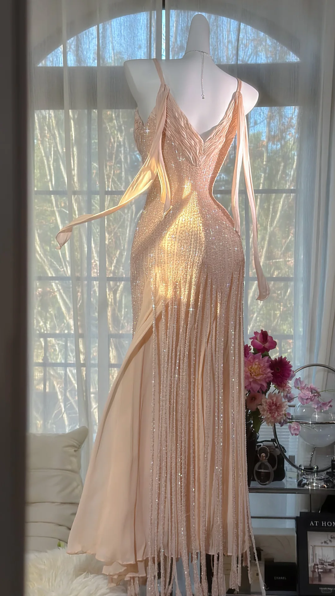 Nude Pink V-Neck Ruched Spaghetti Strap Vertical Fringe Beaded Mermaid Evening Dress, Prom Gown gh9527
