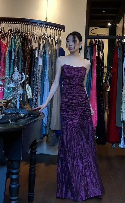 Strapless Dark Purple Evening Gown Full Ruched Bodice Mermaid Long Prom Dress gh9692