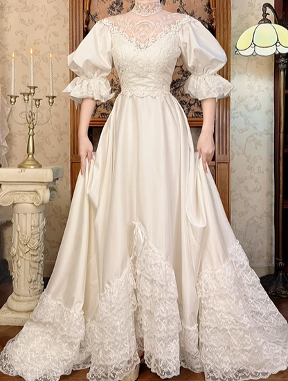 Off‑White Vintage Victorian High‑Neck Lace Illusion Puff Lantern 3/4 Sleeve Fitted Waist Multi‑Tier Lace Hem Long Prom Gown, Wedding Dress gh8611