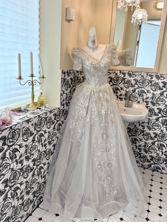 Silver Gray Beaded V-Neck Waist-Cinched Full Flared Skirt Classic Elegant Romantic Dress, Wedding Gown gh7638