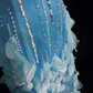 Light Blue Square Neck Prom Dress Spaghetti Straps 3D Petal Tulle Beaded Formal Dress gh9546