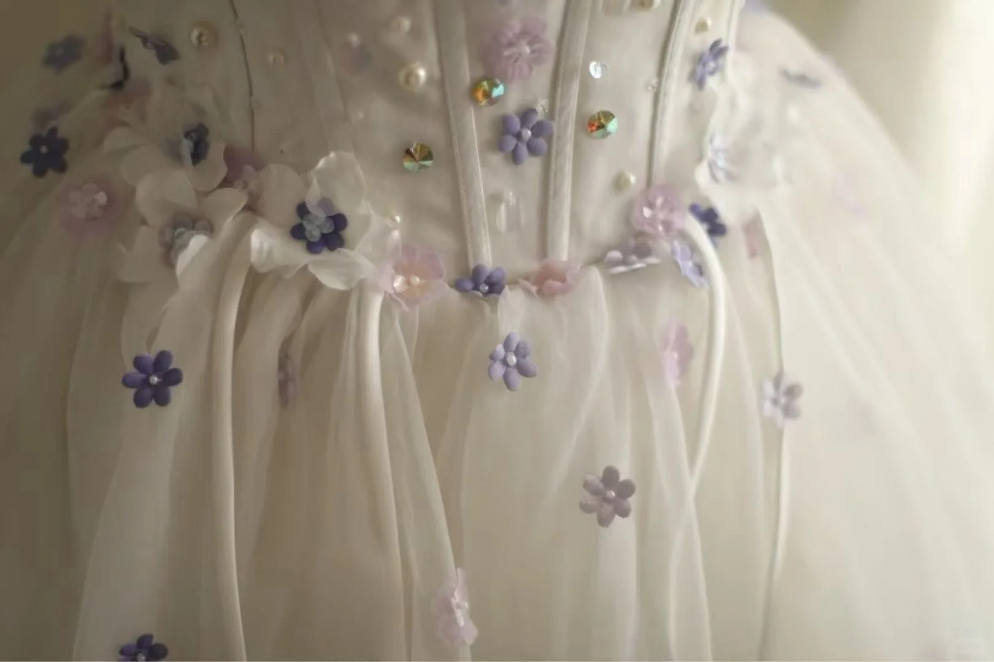 Off‑the‑Shoulder Ball Gown Wedding Dress, Puff Short Sleeve Corset Bodice 3D Purple Floral Applique Ruffled Satin‑Trim Tulle Skirt Bridal Gown gh9117