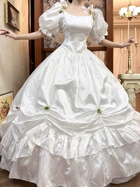White Vintage Satin Ball Gown Wedding Prom Dress, Square Neck, Puff Short Sleeves, 3D Floral Decor, Double‑Layer Ruffled Hem gh8690