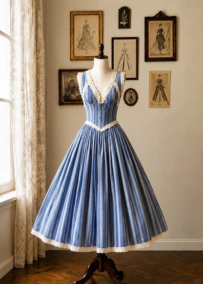 Blue White Vertical Stripe 1950s Vintage Midi Dress, Sleeveless V‑Neck Lace Trim Front Tie Up High Waist A‑Line Swing Skirt Garden Party Gown gh9096