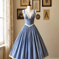 Blue White Vertical Stripe 1950s Vintage Midi Dress, Sleeveless V‑Neck Lace Trim Front Tie Up High Waist A‑Line Swing Skirt Garden Party Gown gh9096