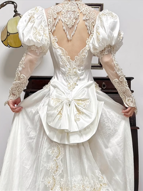 Ivory Vintage Satin Wedding Gown, Mock Two‑Piece High Neck Mesh V‑Neck, Puff Long Sleeves, Gold‑Silver Thread Lace Beaded Appliqués, Fitted Waist, Satin Full Long Skirt, Bridal Prom Dress gh8755