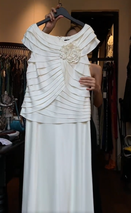 White Bateau Neck Satin Formal Gown Layered Pleats 3D Flower Sheath Long Evening Prom Dress gh9795