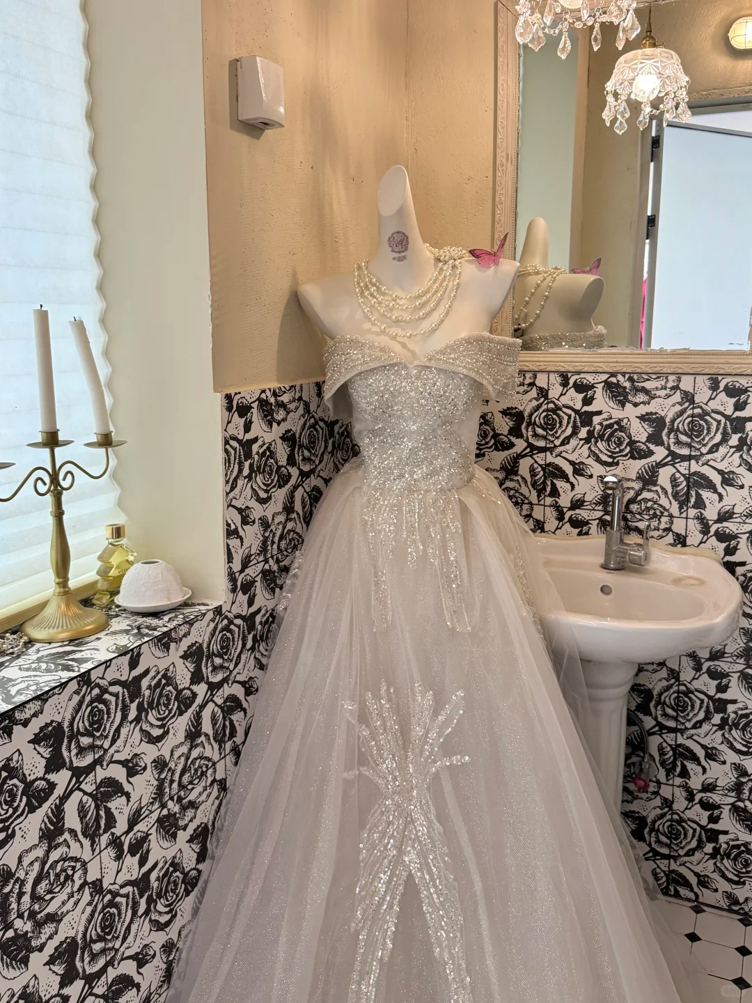 Ivory Off-the-Shoulder Sequin Waist-Cinched Fitted A-Line Romantic Dress, Wedding Gown gh7545