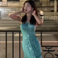 Iridescent Sequin Strapless Long Evening Gown Turquoise Side Slit Prom Dress gh9866