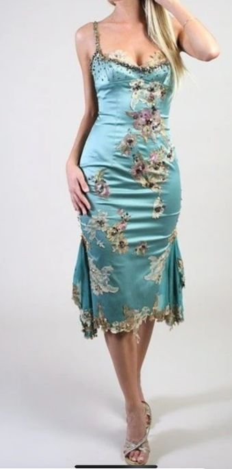 Dusty Teal Satin Short Prom Dress, Beaded Spaghetti Straps, Lace Trim V‑Bodice, Colorful Floral Lace Applique, Ruched Fitted Midi Evening Gown gh8618