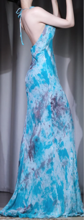 ✨Girlhomeshops-Blue Tie Dye Halter Ruffle Backless High Slit Mermaid Evening Dress gh10019