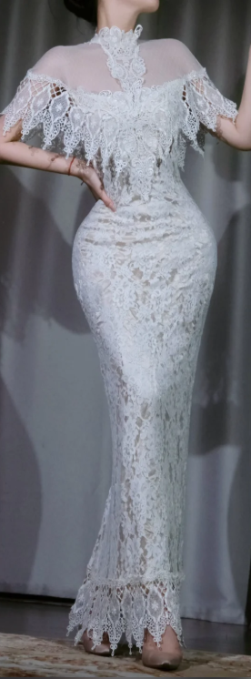 High Neck White Lace Evening Dress, Sheer Cape Fringe Lace Sleeve Bodycon Mermaid Vintage Formal Gown gh9892