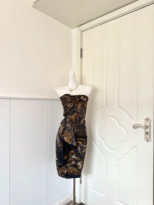 Women Navy Homecoming Dress, Strapless Bandeau Neckline Vintage Gold Abstract Jacquard Fabric Front Ruffle Draped Detail Fitted Bodycon Knee‑Length Mini Party Dress gh9214