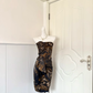 Women Navy Homecoming Dress, Strapless Bandeau Neckline Vintage Gold Abstract Jacquard Fabric Front Ruffle Draped Detail Fitted Bodycon Knee‑Length Mini Party Dress gh9214