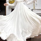 Ivory Vintage Soft Satin Wedding Gown, Lace‑Trimmed V‑Neck, Lace Inset Long Sleeves, Lace Appliqué Empire Waist, Draped Simple A‑Line Long Skirt, Lace Scalloped Hem, Short Train, Bridal Prom Dress gh8778
