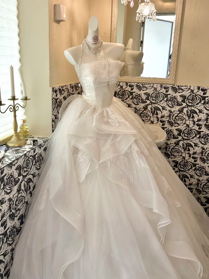 Ivory Strapless Waist-Cinched Voluminous Full Flared Skirt Romantic Dress, Wedding Gown gh7772