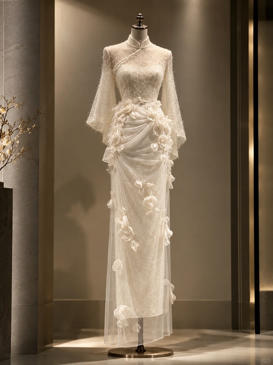 ✨Girlhomeshops-New Chinese Qipao Lace Wedding Gown, 3D Floral Mermaid Bridal Dress gh10336