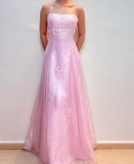 Rosa Mode Elegant Exquisite Perlen Spaghetti-Trägern Lange Tüll Satin Ballkleid Abendkleid Partykleid Abschlusskleid gh3487