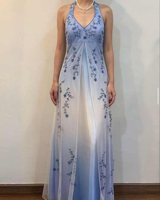 Girlhomeshops - Robe de bal longue en tulle bleu et blanc à bretelles florales exquises, longueur au sol, robe de remise de diplôme gh5520