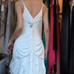 Spaghetti Straps White Evening Gown V Neck Ruched Vertical Rhinestone Ruffle Mermaid Long Prom Dress gh9691